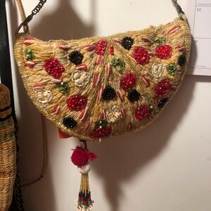 ZARA Embroidered Half-Moon Shoulder Bag in Gold with Red & Black Accents